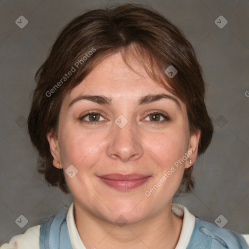 Joyful white adult female with medium  brown hair and blue eyes