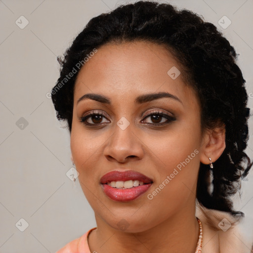 Joyful latino young-adult female with long  brown hair and brown eyes