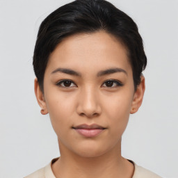 Neutral asian young-adult female with short  black hair and brown eyes