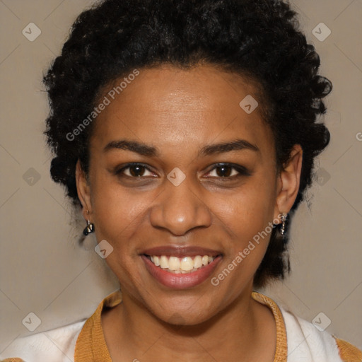 Joyful black young-adult female with medium  black hair and brown eyes