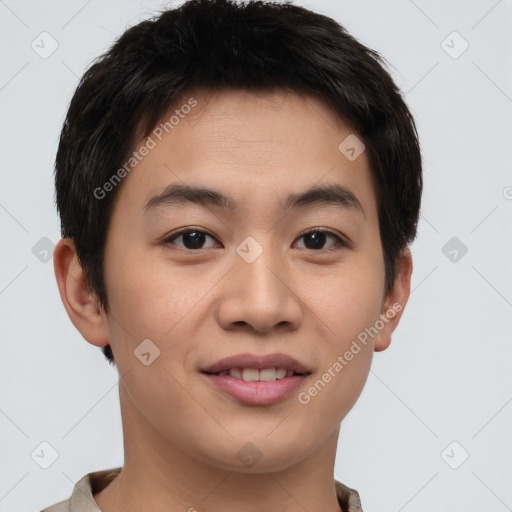 Joyful asian young-adult male with short  brown hair and brown eyes