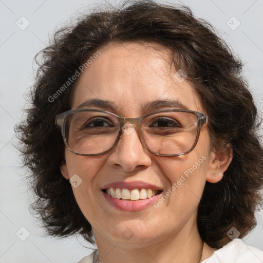 Joyful white middle-aged female with medium  brown hair and brown eyes