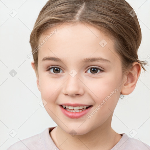 Joyful white child female with short  brown hair and brown eyes