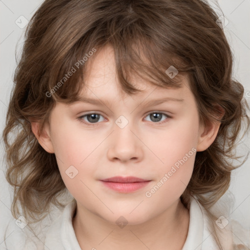 Joyful white child female with medium  brown hair and brown eyes