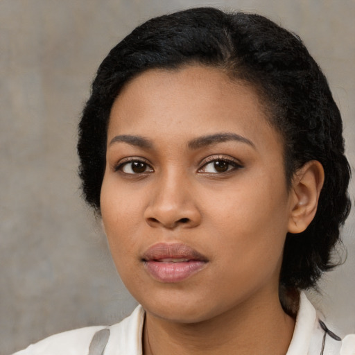 Neutral latino young-adult female with medium  black hair and brown eyes