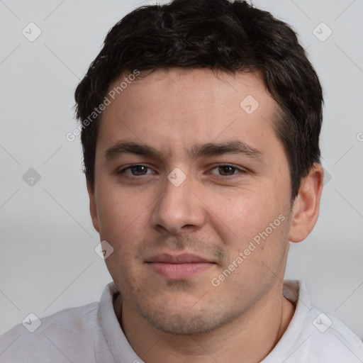 Neutral white young-adult male with short  brown hair and brown eyes