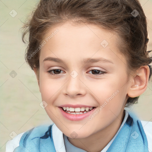 Joyful white child female with short  brown hair and brown eyes