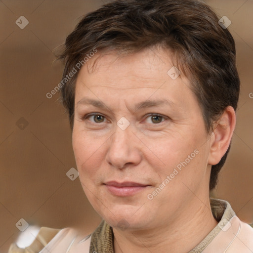 Joyful white adult female with short  brown hair and brown eyes