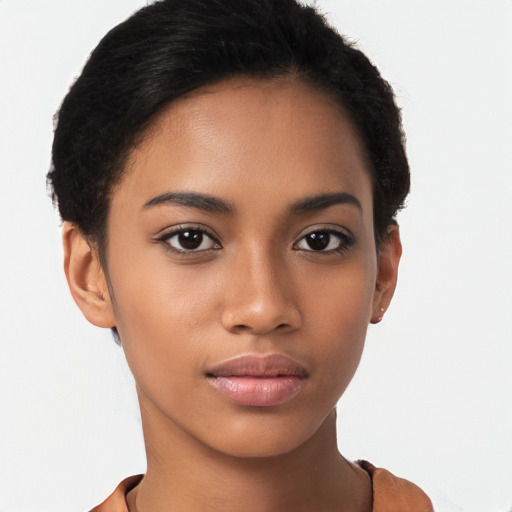 Neutral latino young-adult female with short  brown hair and brown eyes