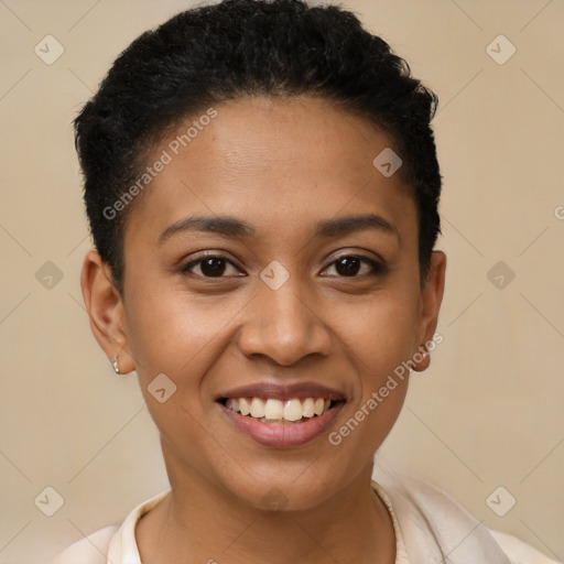 Joyful latino young-adult female with short  brown hair and brown eyes