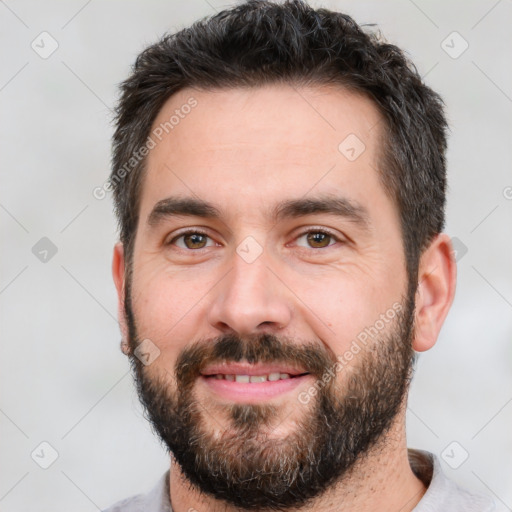 Neutral white young-adult male with short  black hair and brown eyes