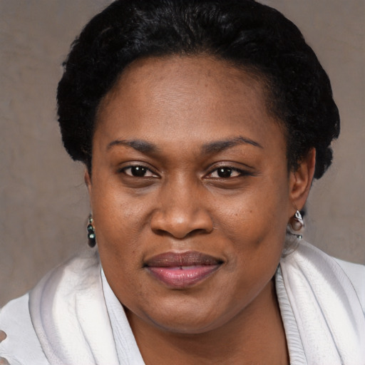 Joyful black adult female with short  black hair and brown eyes