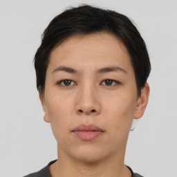 Neutral asian young-adult female with short  black hair and brown eyes