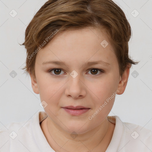 Joyful white child female with short  brown hair and brown eyes