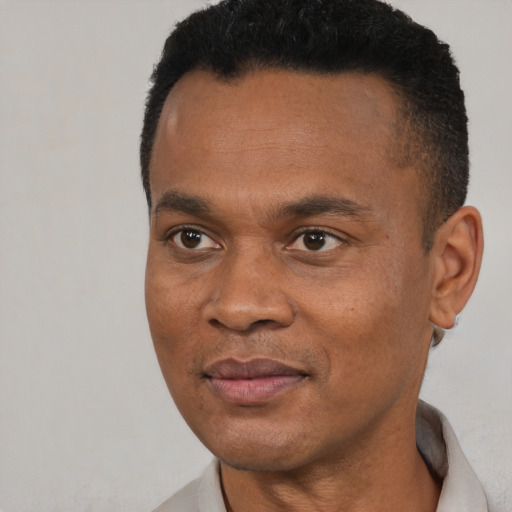 Joyful black young-adult male with short  black hair and brown eyes