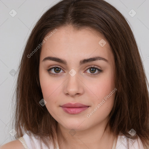 Neutral white young-adult female with medium  brown hair and brown eyes