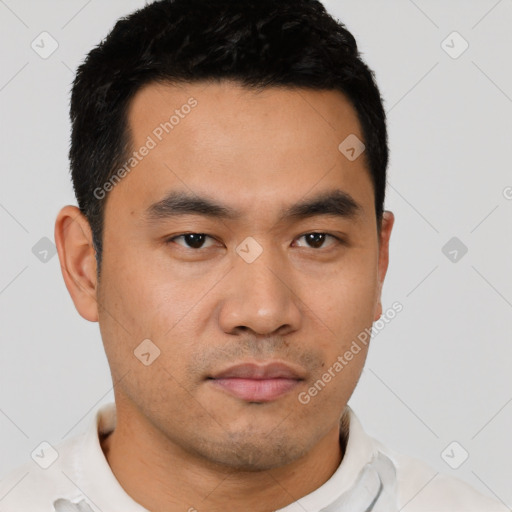 Neutral asian young-adult male with short  black hair and brown eyes