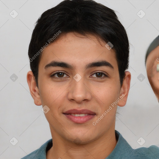 Joyful white young-adult male with short  brown hair and brown eyes