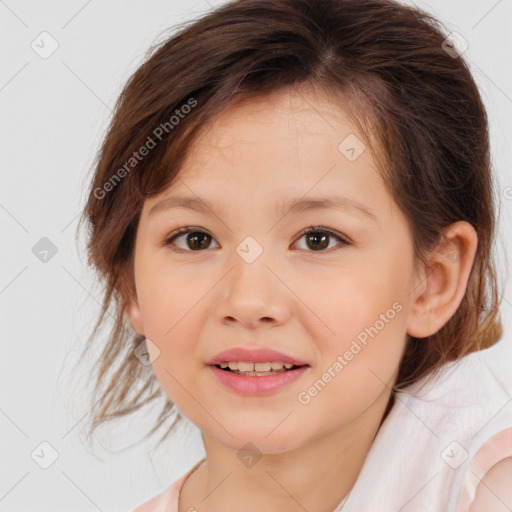 Joyful white child female with medium  brown hair and brown eyes