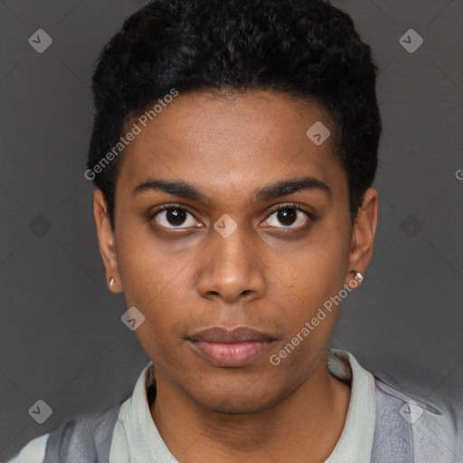 Neutral black young-adult male with short  black hair and brown eyes