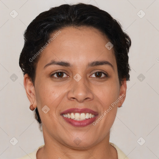 Joyful latino young-adult female with short  brown hair and brown eyes