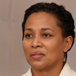Joyful black adult female with short  brown hair and brown eyes
