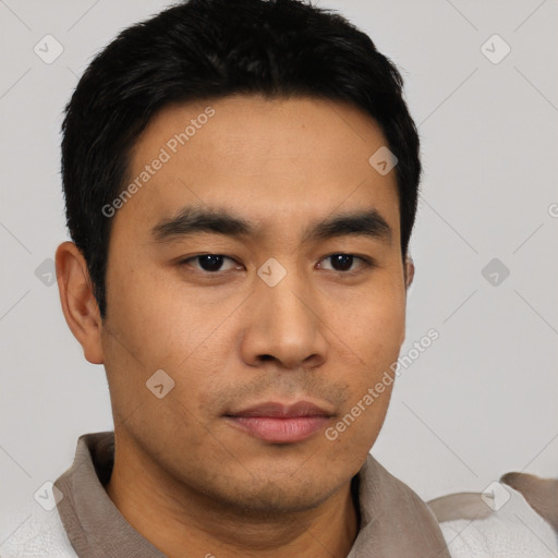 Neutral asian young-adult male with short  black hair and brown eyes