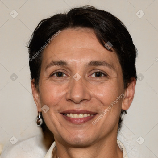 Joyful white adult female with short  brown hair and brown eyes