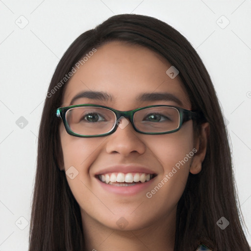 Joyful white young-adult female with long  black hair and brown eyes