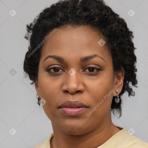 Neutral black adult female with short  brown hair and brown eyes