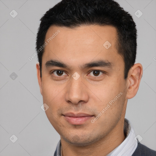 Neutral asian young-adult male with short  black hair and brown eyes