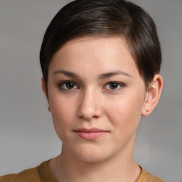 Neutral white young-adult female with short  brown hair and brown eyes