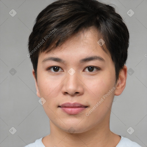 Neutral asian young-adult female with short  brown hair and brown eyes