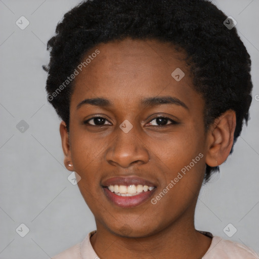 Joyful black young-adult female with short  black hair and brown eyes