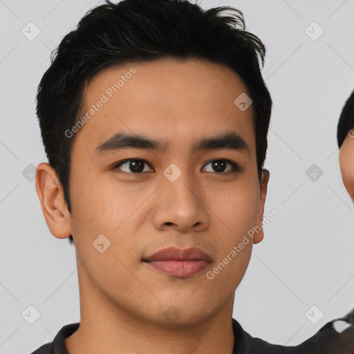 Neutral asian young-adult male with short  black hair and brown eyes