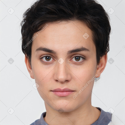 Neutral white young-adult female with short  brown hair and brown eyes