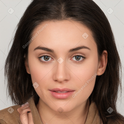 Neutral white young-adult female with long  brown hair and brown eyes