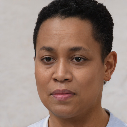 Joyful black young-adult female with short  black hair and brown eyes