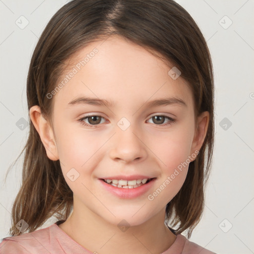 Joyful white child female with medium  brown hair and brown eyes