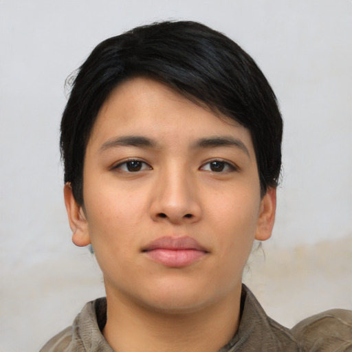 Neutral asian young-adult female with short  black hair and brown eyes