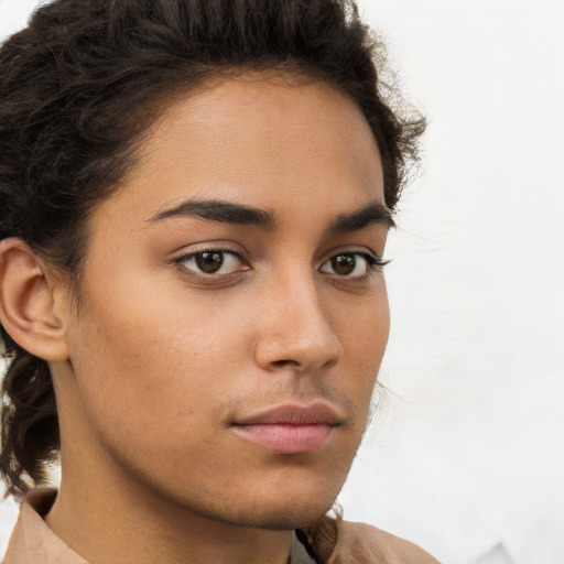 Neutral white young-adult female with short  brown hair and brown eyes