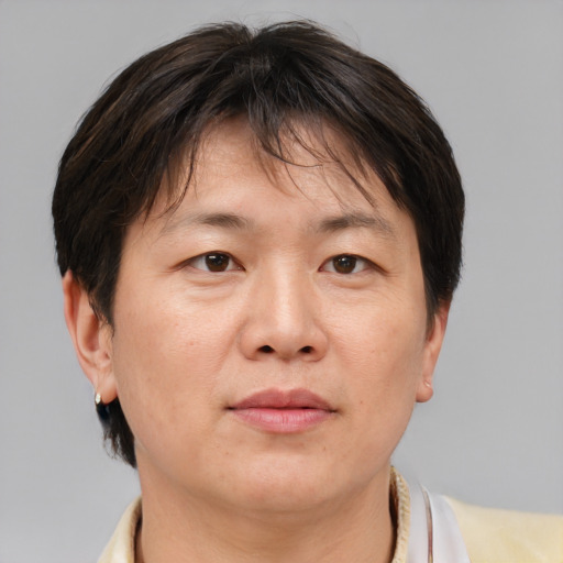 Joyful white adult female with short  brown hair and brown eyes