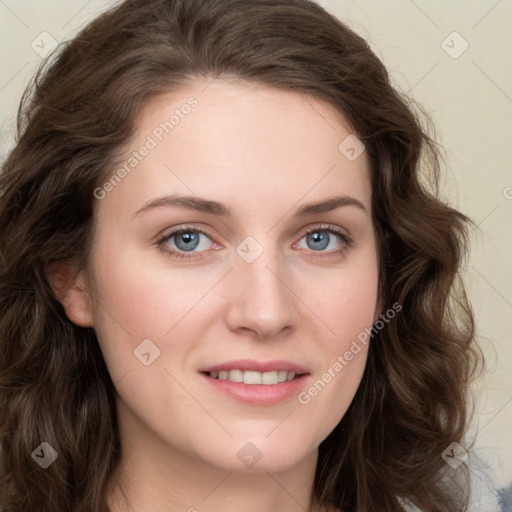 Joyful white young-adult female with long  brown hair and green eyes