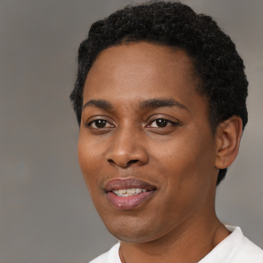 Joyful black young-adult female with short  black hair and brown eyes