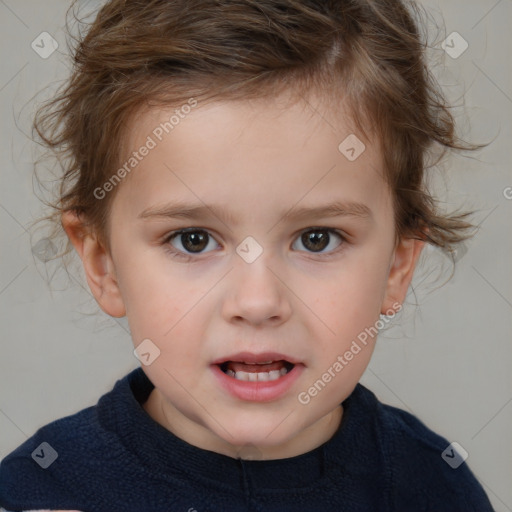 Joyful white child female with short  brown hair and brown eyes