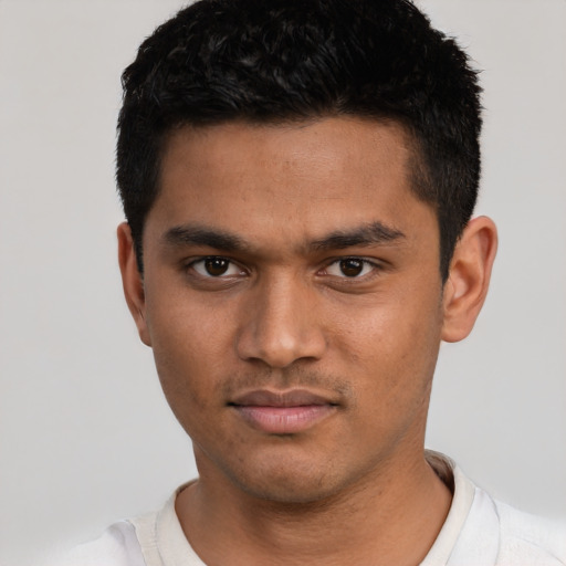 Neutral asian young-adult male with short  black hair and brown eyes
