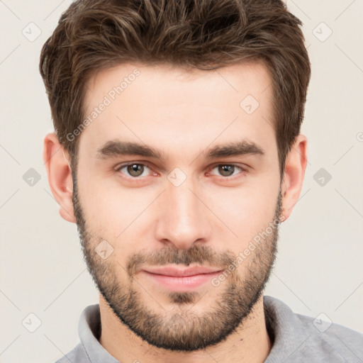 Neutral white young-adult male with short  brown hair and brown eyes