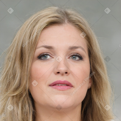 Joyful white young-adult female with medium  brown hair and green eyes