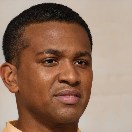 Joyful black young-adult male with short  brown hair and brown eyes