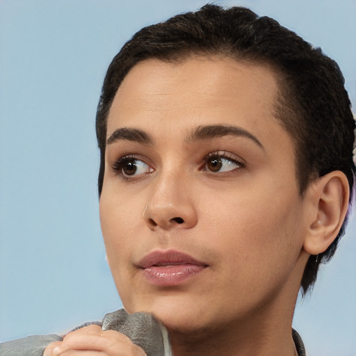 Neutral white young-adult female with short  brown hair and brown eyes